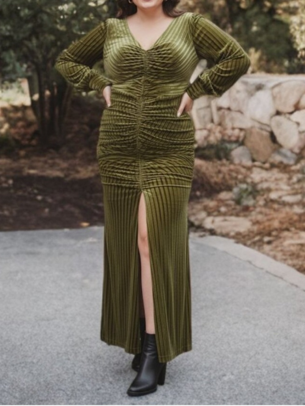 Unique Vintage | Olive Green Velvet Ruched Maxi Dress